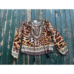 Asa Kaftans Leopard Print Beaded Silk Blouse Boho Tassel Tie Top Small